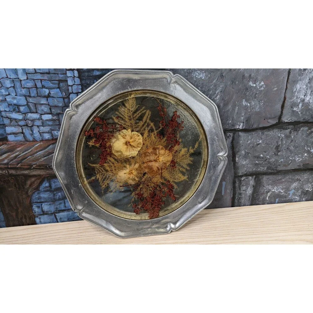 Colorflo Lucite Pewter Plate Trivet Tray dried Flowers Wall Decor  Cottagecore